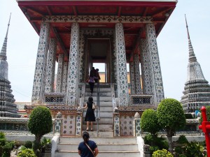 Random steep building with altar like setup at top          